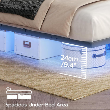 Floating Bed Frame Full Size, Bed Frame with Charging Station and LED Lights, Industrial Style Metal Platform Full Bed, Soundless, No Box Springs Needed, Black