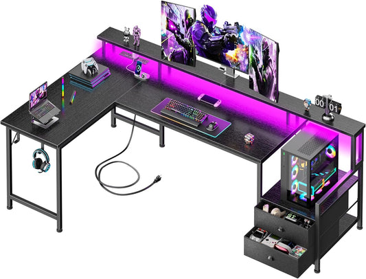 66'' L Shaped Gaming Desk with Drawers and Storage Shelves, Reversible Corner Desk with Power Outlets and Host Stand, Large Computer Desk with Led Lights for Gaming, Work, Home Office, Black