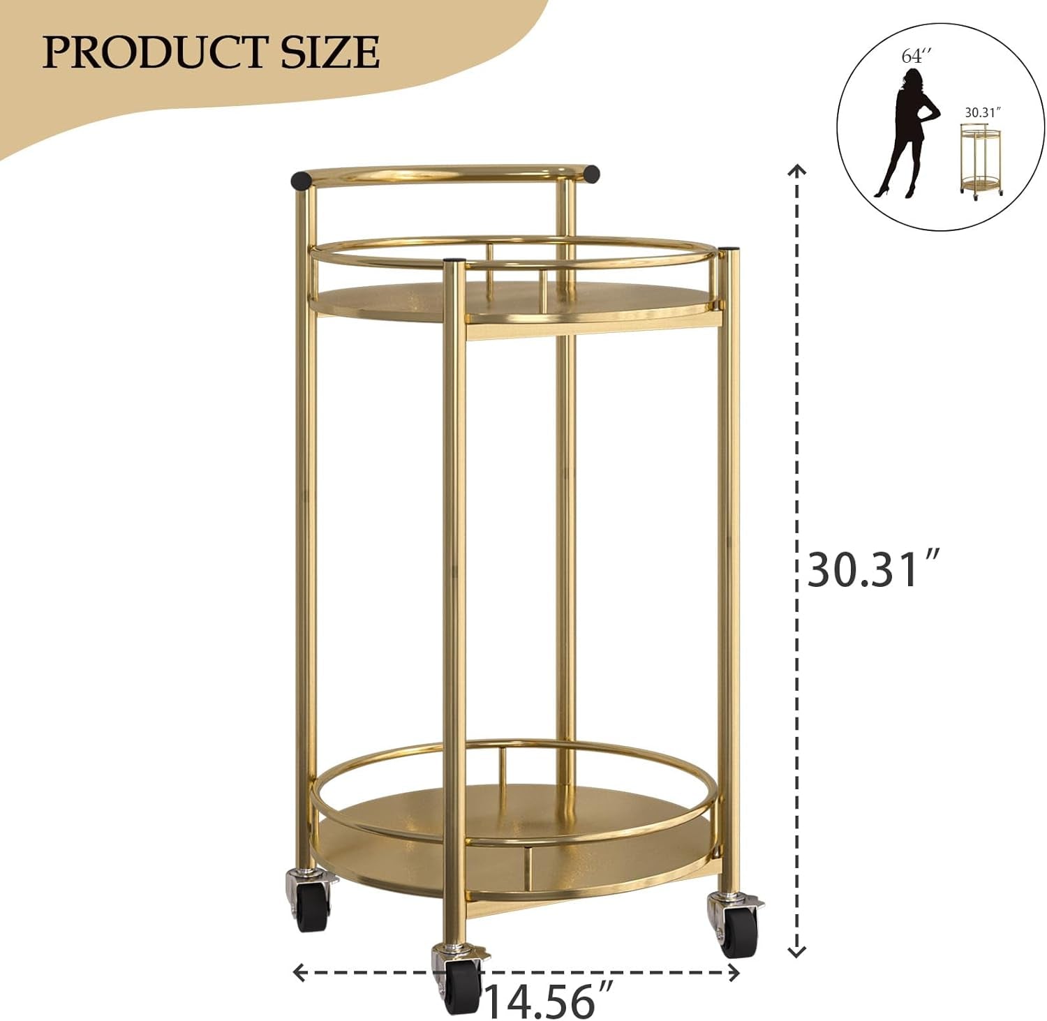 Bar Cart Gold Rolling Cart for Home,2 Tiers Bar Serving Cart round Wine Cart with Handle, Metal Wine Rack and Casters, Serving Bar Trolley for Home Kitchen,Living Room,Christmas,New Year