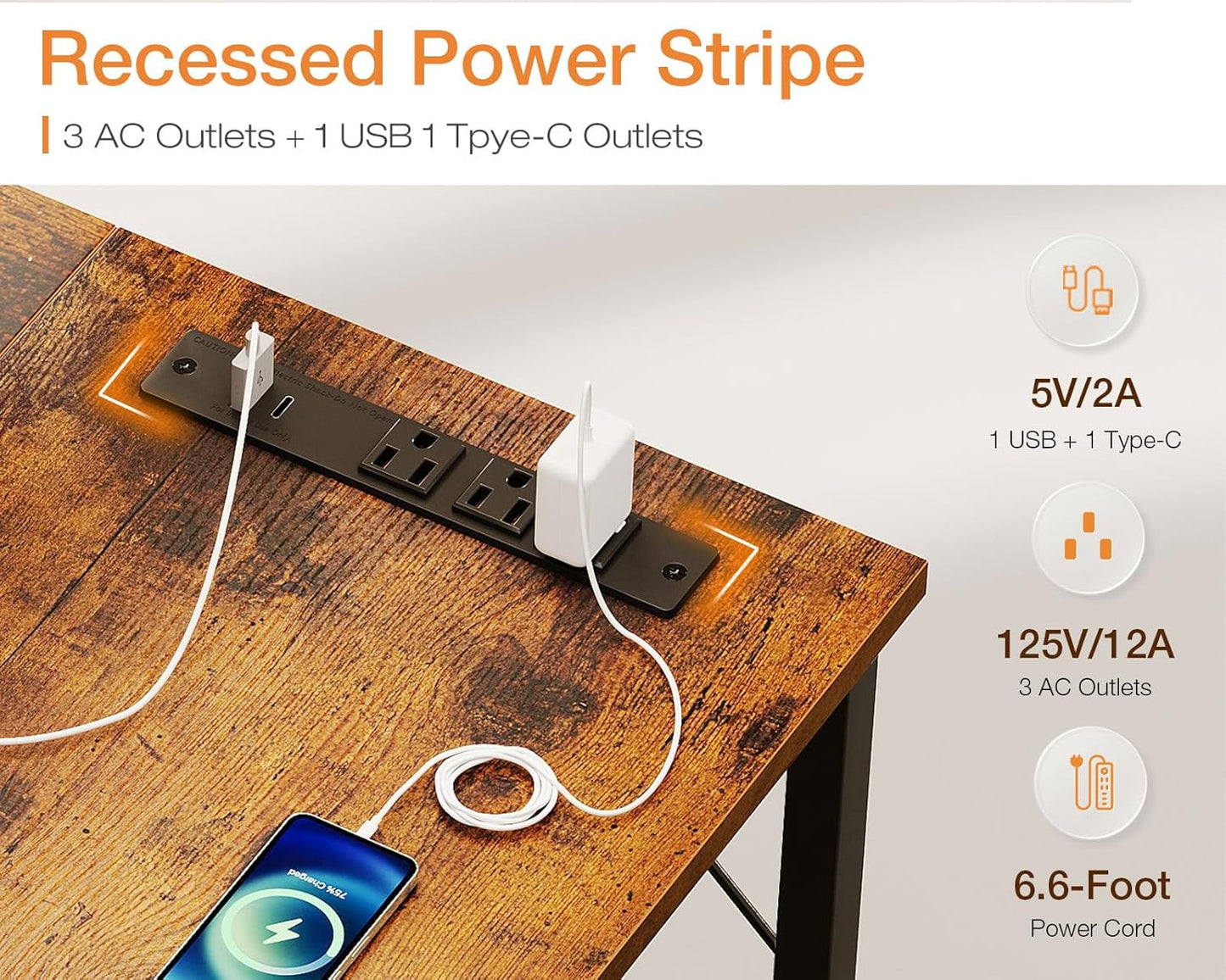 71 Inch Computer Desk with USB Ports, Large Office Desk, Long Study Student Writing Desk, Rustic Brown