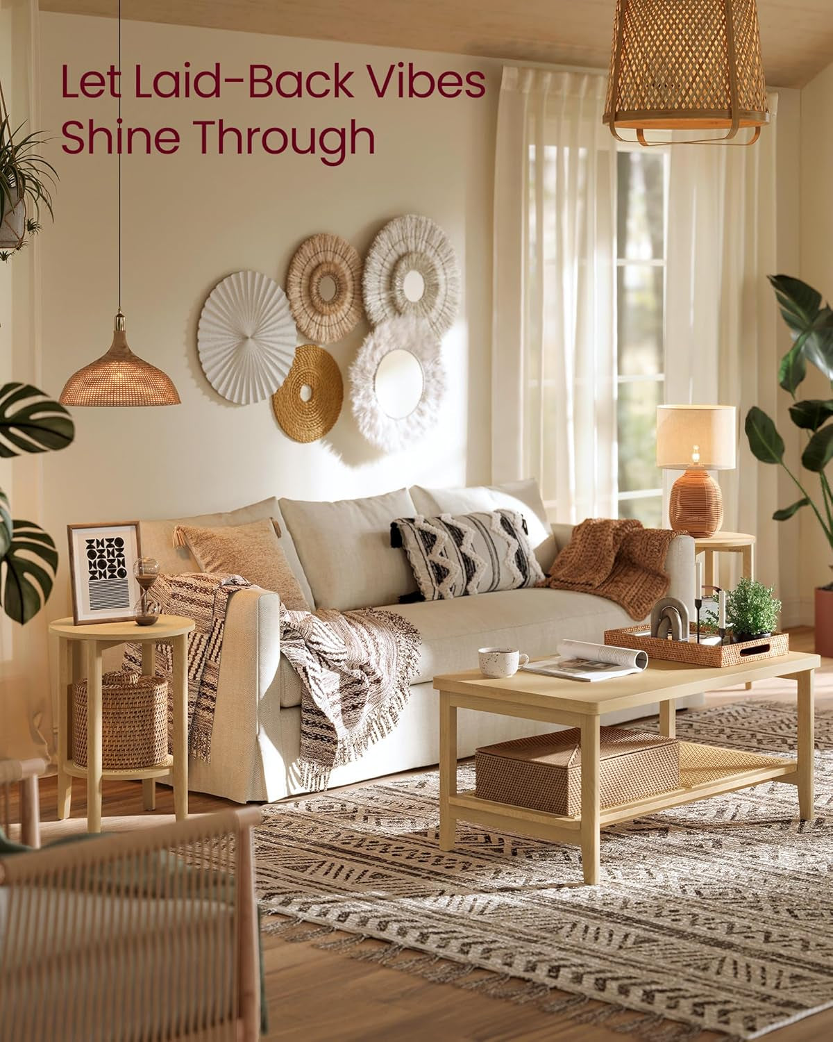 round Side End Table, 2-Tier Boho Bedside Table with Rattan-Look Storage Shelf, Nightstand for Small Spaces, for Living Room, Bedroom, Home Office, Oak Beige ULET296Y01