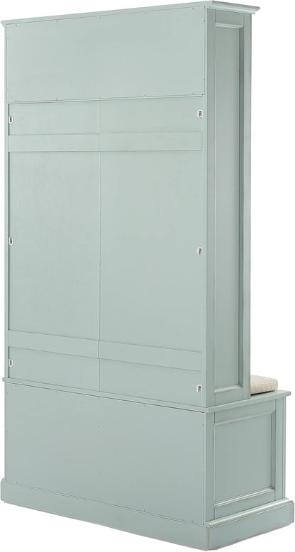 Holbrook Hall Tree with Shoe Rack Bench and Coat Hooks for Hanging Storage, Distressed Seafoam Blue