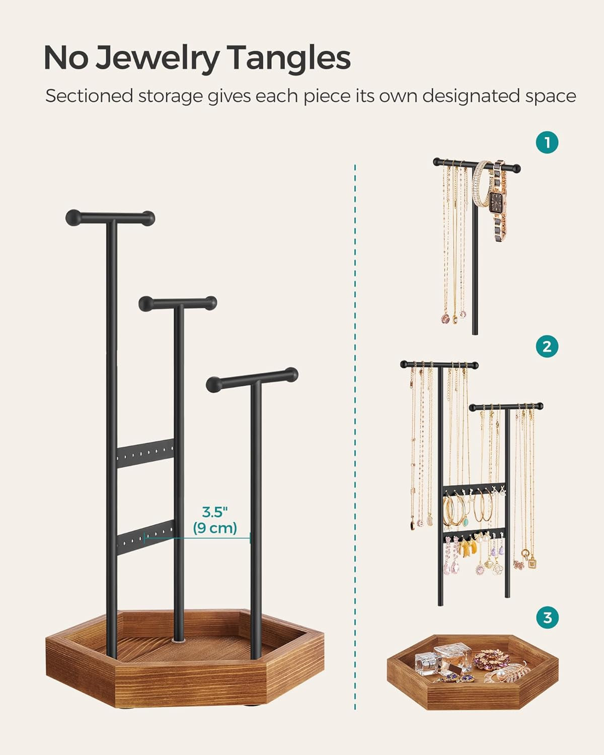 Jewelry Holder, Jewelry Organizer, 3 Tiers and 1 Tray, Jewelry Display Stand with Metal Frame, Necklace Earring Bracelet Holder, for Rings, Ink Black and Caramel Brown UJJS03CB