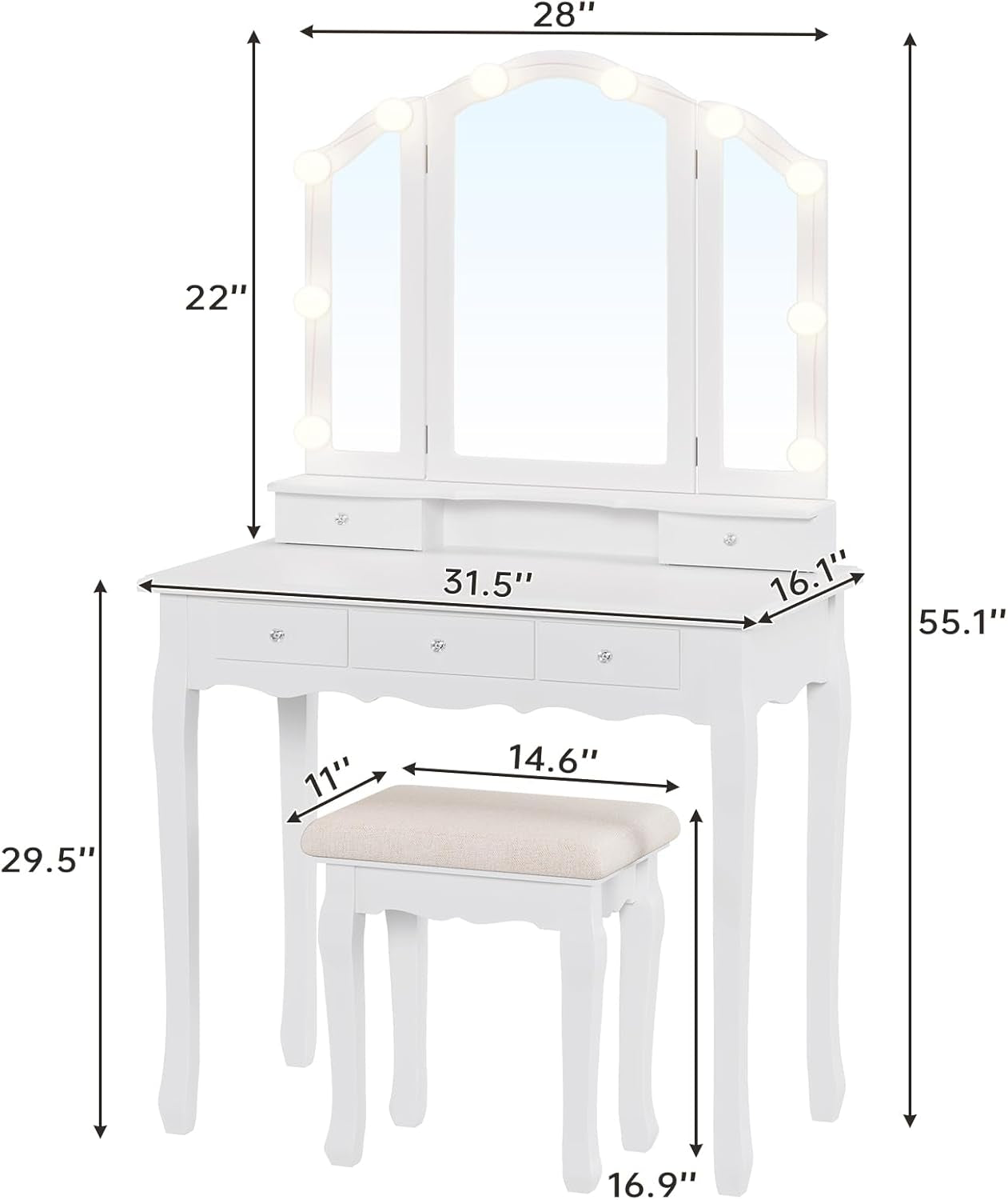 Vanity Table Set with Lighted Tri-Folding Mirror, Makeup Vanity with Lights & 3 Color Lighting Modes, Vanity Desk with Mirror and Cushioned Stool, Makeup Table with 5 Drawers, White