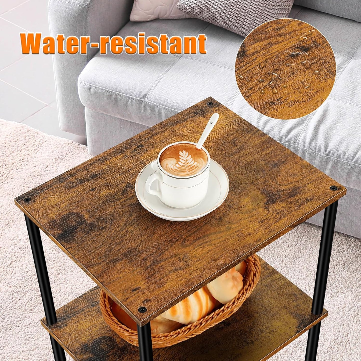 Tall Side Table 30 Inch Height Small Tall Bedside Table with Storage Shelves 3 Tier Narrow End Table Industrial Telephone Table for Living Room, Bedroom, Office, Rustic Brown