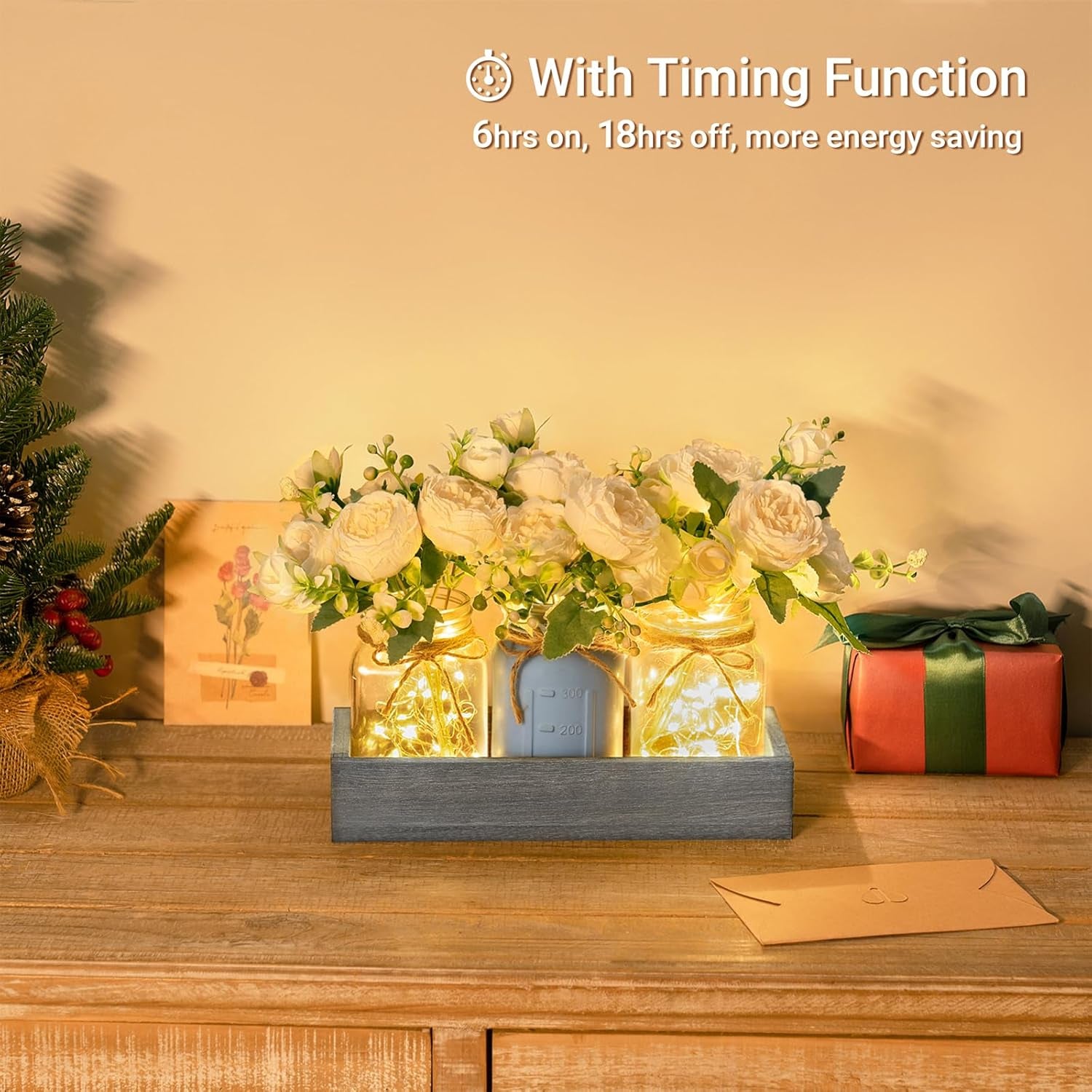 Mason Jar Lights Centerpiece Table Decor for Dining Room Farmhouse Wood Tray with 3 Jars Flowers Center Pieces Spring Decor for Coffee Table Kitchen Living Room, Grey Blue