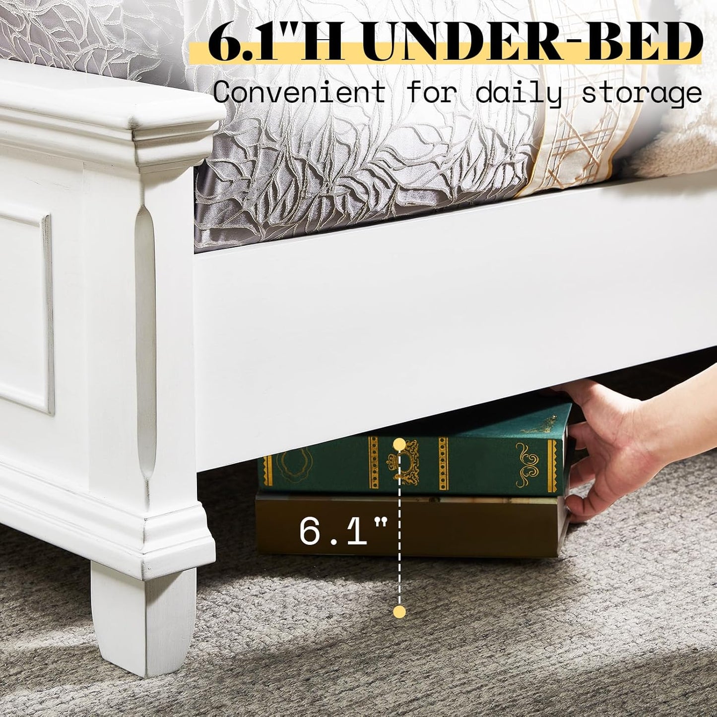 Queen Size Solid Wood Bed Frame, Farmhouse Platform Bed with Headboard and Footboard, Rustic Bed Base with 12 Wood Slats Support, No Box Spring Needed, Distressed White