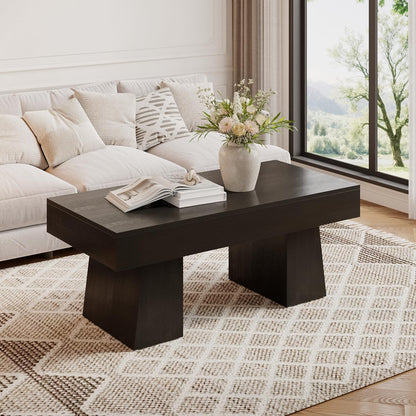 Farmhouse Coffee Table, 47 Inches Wooden Rectangular Accent Center Tables with Thick Base, Modern Low Cocktail Tea Furniture for Living Room (Black)