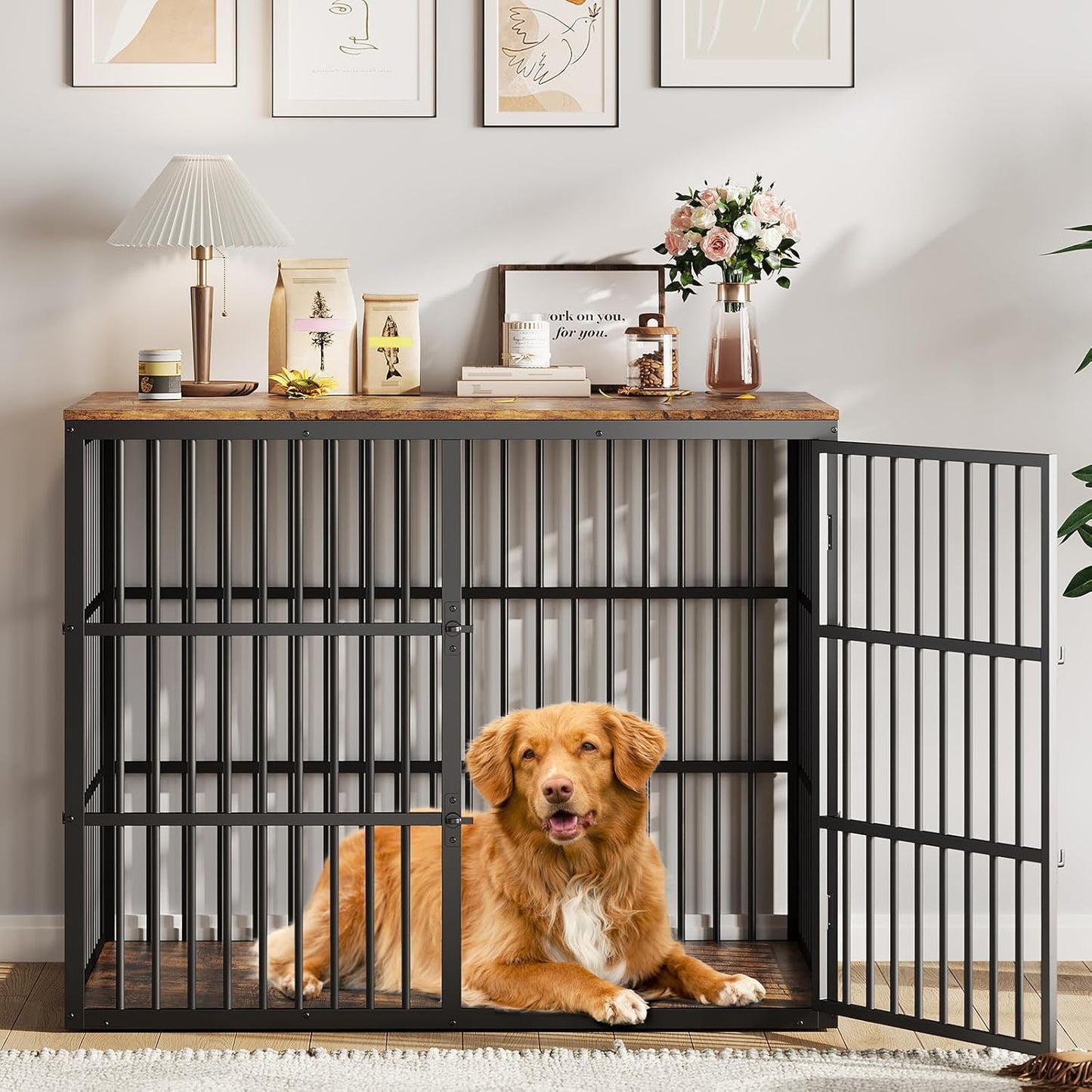 48'' Dog Crate Furniture with 3 Lockable Doors, 3-In-1 Dog Kennel with Heavy Duty Metal Frame & Wooden Panels, XXL Crate End Table for Medium to Large Breeds, Brown & Black