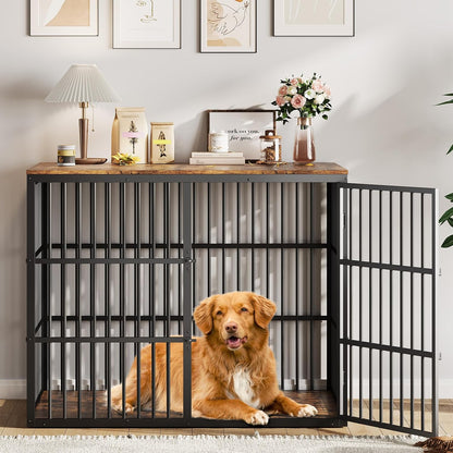 48'' Dog Crate Furniture with 3 Lockable Doors, 3-In-1 Dog Kennel with Heavy Duty Metal Frame & Wooden Panels, XXL Crate End Table for Medium to Large Breeds, Brown & Black