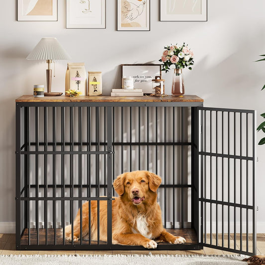 48'' Dog Crate Furniture with 3 Lockable Doors, 3-In-1 Dog Kennel with Heavy Duty Metal Frame & Wooden Panels, XXL Crate End Table for Medium to Large Breeds, Brown & Black