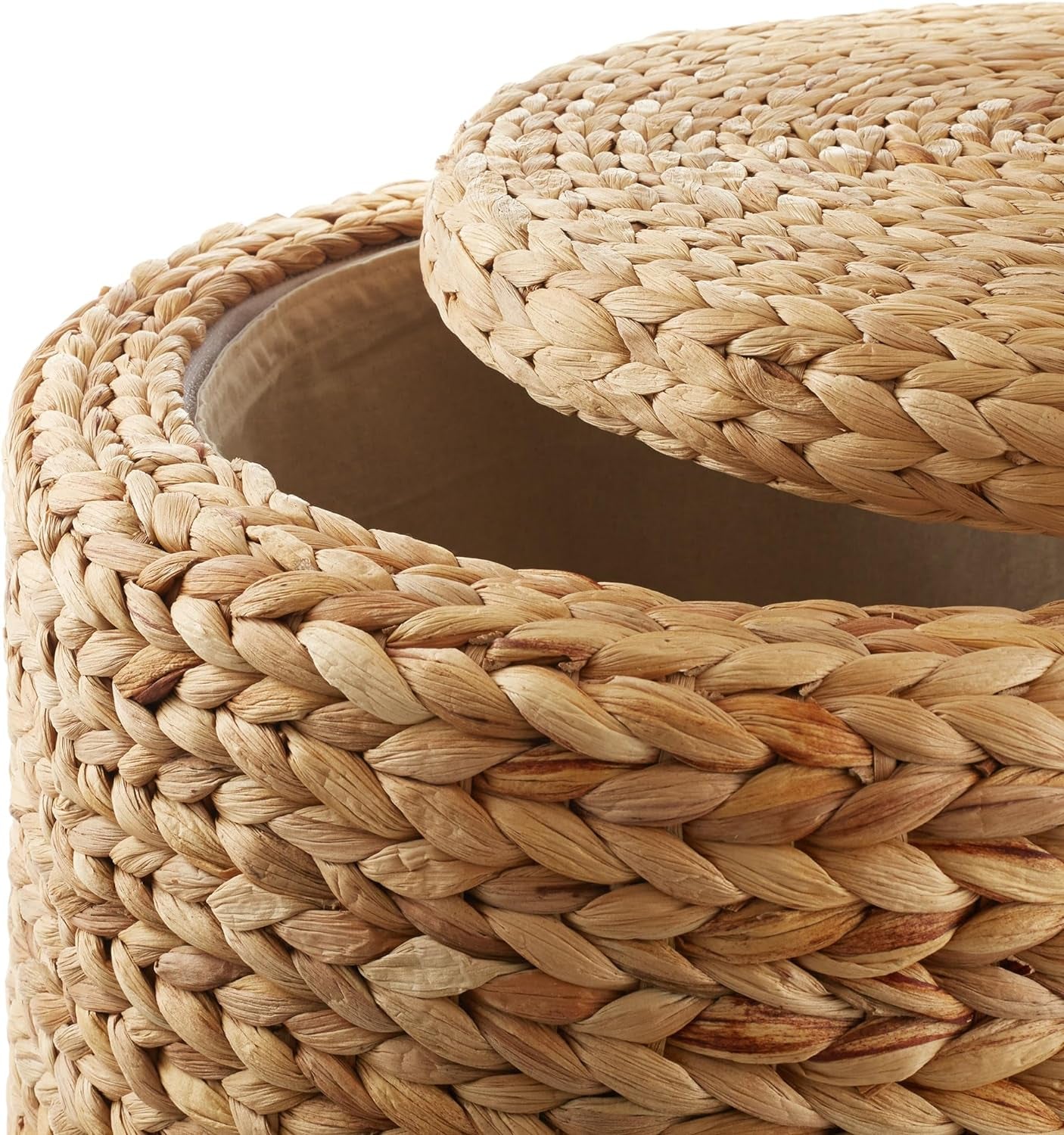 17" round Storage Ottoman with Lid - Natural, Handwoven Water Hyacinth Footstool for Living Room, Bedroom, Bathroom, Home Office