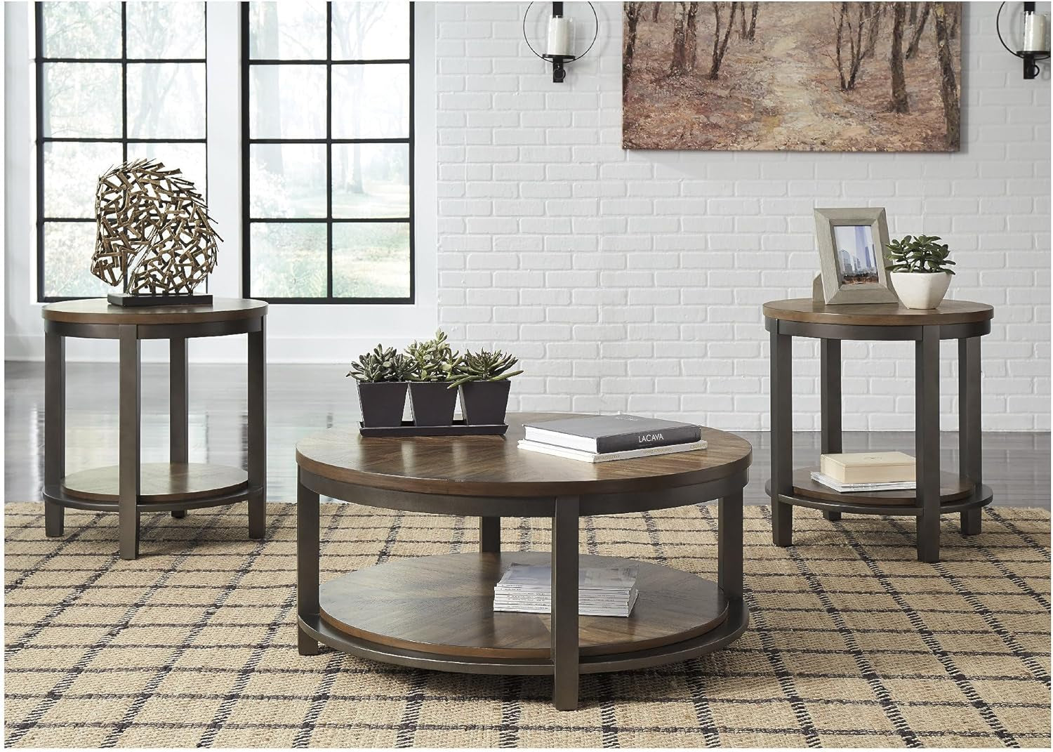 Roybeck Rustic round 3-Piece Table Set, Includes 1 Coffee Table and 2 End Tables with Fixed Shelf, Light Brown