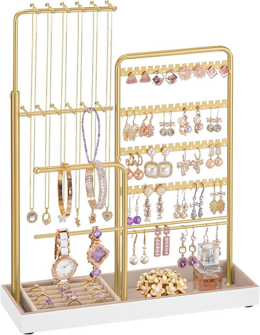 Jewelry Holder, Jewelry Storage Organizer Stand with Metal Frame, Velvet Tray, 12.1 to 18.7 Inches Tall Height Adjustable Necklace Holder, for Rings, Earrings, Pale Gold UJJS026A01