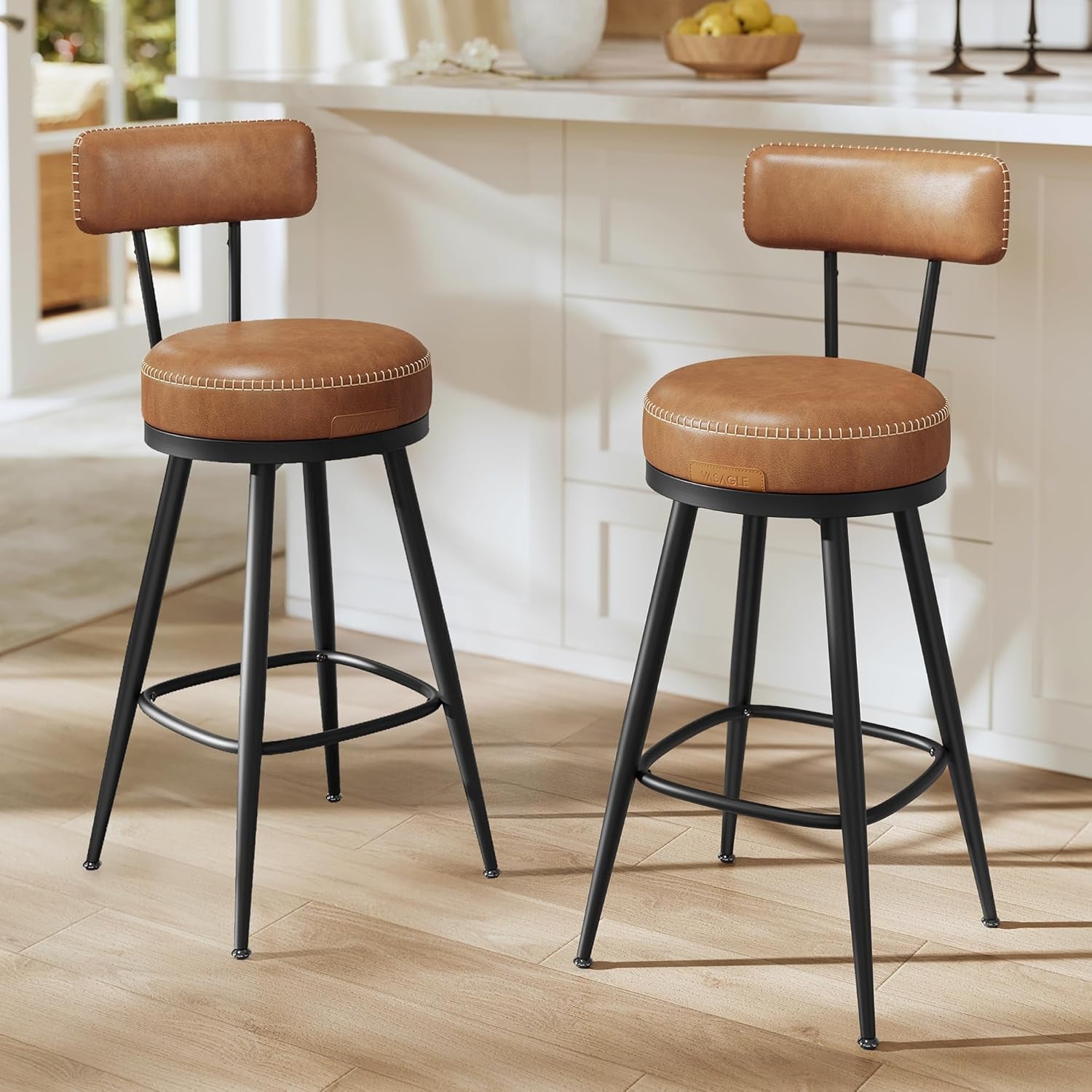 EKHO Collection - Bar Stools Set of 2, Swivel Counter Height Bar Stools with Back, Synthetic Leather with Stitching, Mid-Century Modern, 25.6-Inch Tall Barstools for Kitchen Bar, Caramel Brown