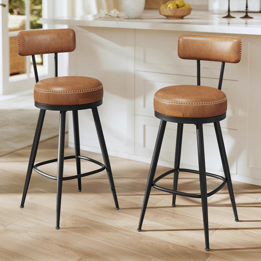 EKHO Collection - Bar Stools Set of 2, Swivel Counter Height Bar Stools with Back, Synthetic Leather with Stitching, Mid-Century Modern, 25.6-Inch Tall Barstools for Kitchen Bar, Caramel Brown