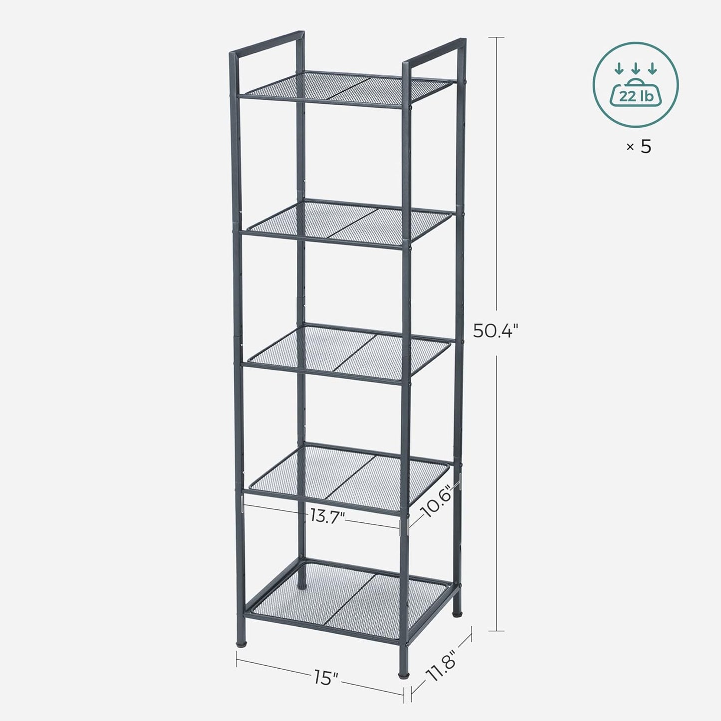 5-Tier Storage Rack, Bathroom Shelf, Extendable Plant Stand with Adjustable Shelf, for Bathroom, Living Room, Balcony, Kitchen, Black UBSC35BK, 11.8 X 15 X 50.4 Inches