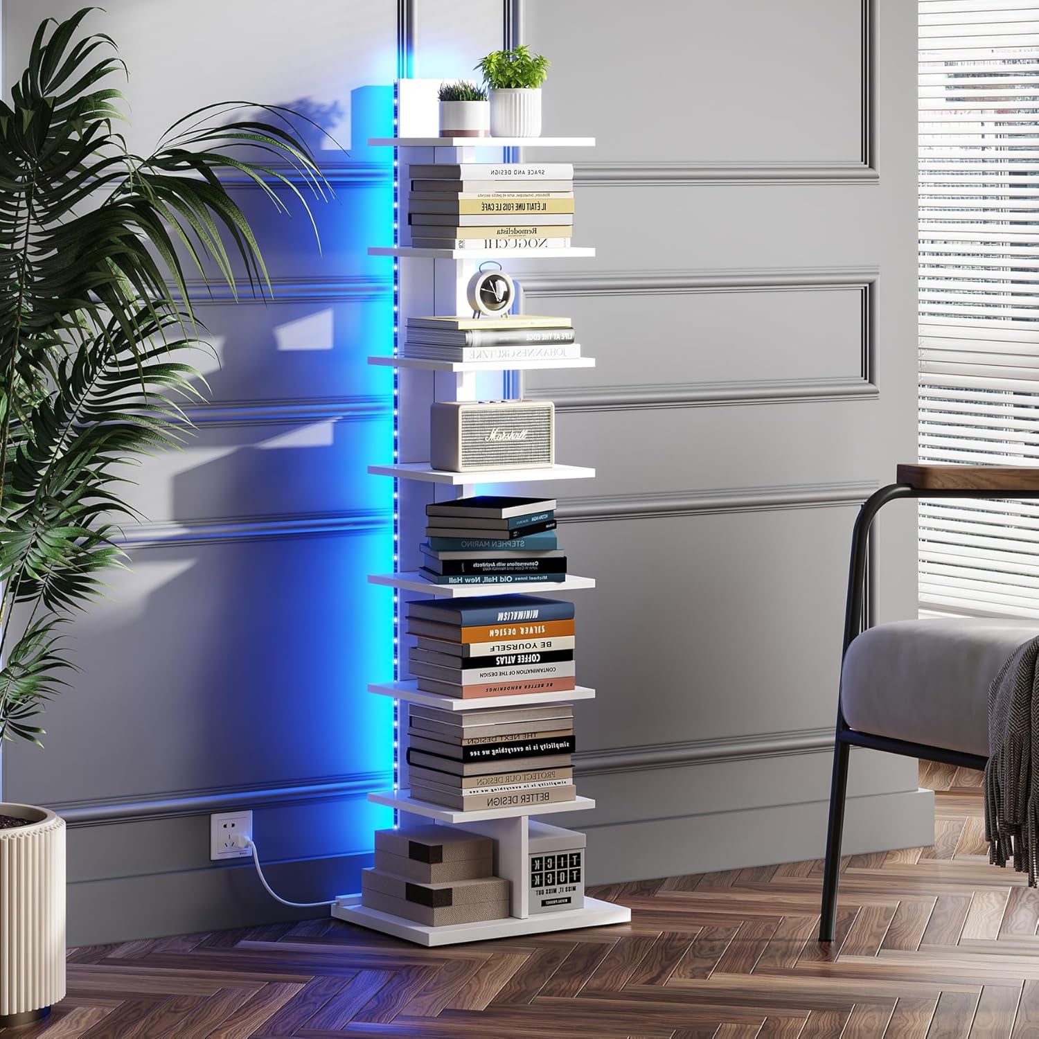 Narrow Bookshelf, 8-Tier Bookcase with LED Lights, Spine Book Shelf for Small Space, Corner Standing Shelf for Living Room, Office, Study, Entryway, White BS06BW008L