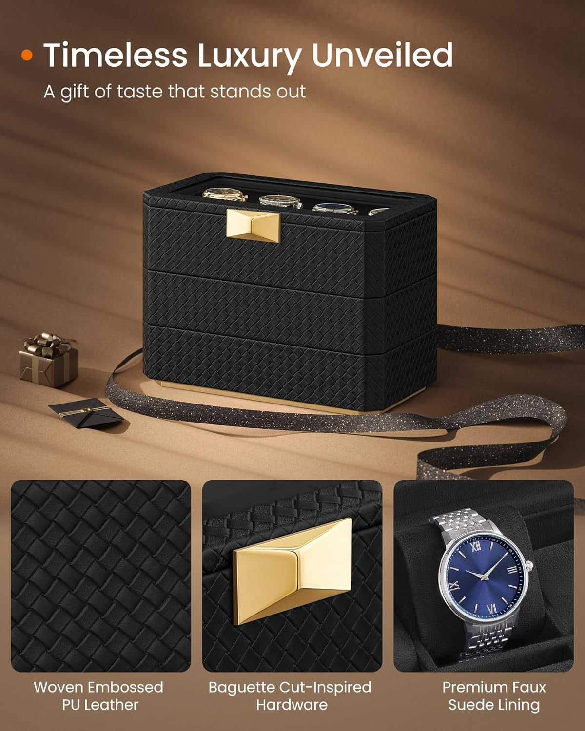 HOME RONNE Collection - 3-Tier Watch Box, Stackable 8-Slot Watch Case, Woven Embossed PU Leather, Floating Effect, Gift Idea, Ink Black Surface, Ink Black Lining UJWB021B01