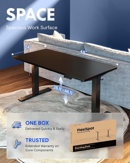 EN1 One-Piece Standing Desk, 48"X24" Seamless Desktop Electric Height Adjustable for Home Office, Study Rooms & Multi-Device Workstations, Black