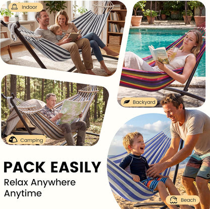Double Hammock with Heavy-Duty Steel Stand,Portable,Easy Assembly,600Lbs Weight Capacity,Perfect for Indoor,Yard,Camping,Or Outdoor-Rainbow