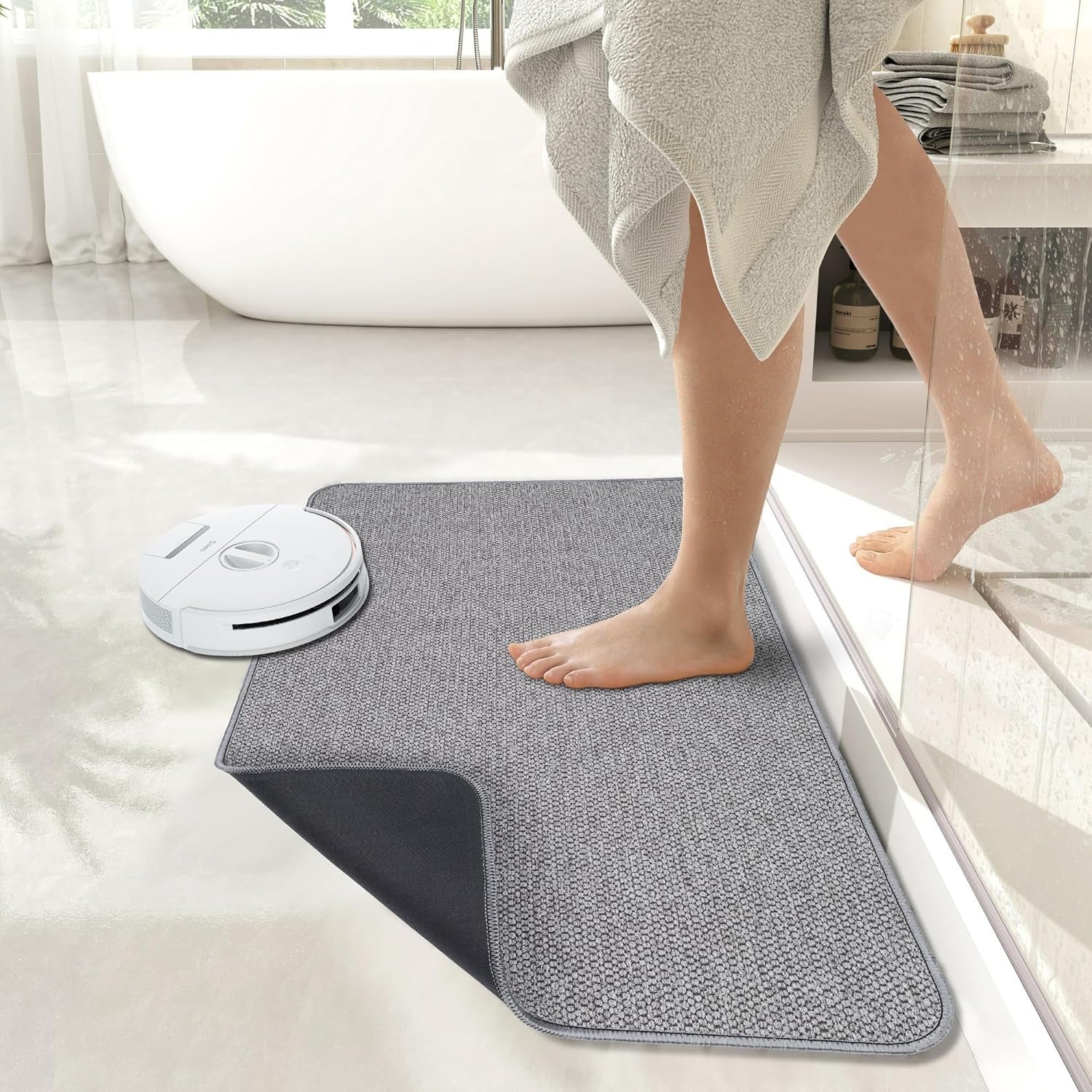 Bath Mat,Ultra Thin Bathroom Rugs,Rubber Bath Mats for Bathroom,No Slip Bath Rugs,Quick Dry,Machine Washable,Low Pile,Absorbent,Shower Outside,Sink,Home Decor Accessories.Grey,1'5"X2'3"(17X27Inch)