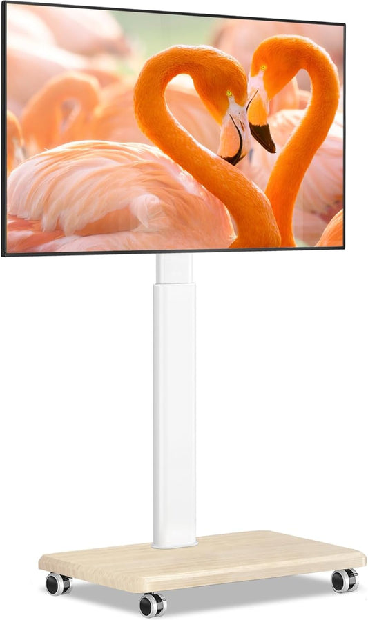 Rolling TV Stand for 32 to 65 70 Inch Tvs, Elegant Floor TV Stand with Wheels, Mobile TV Cart with 9 Levels of Height Adjustment for Optimal Viewing, White Floor Stand for Living Room