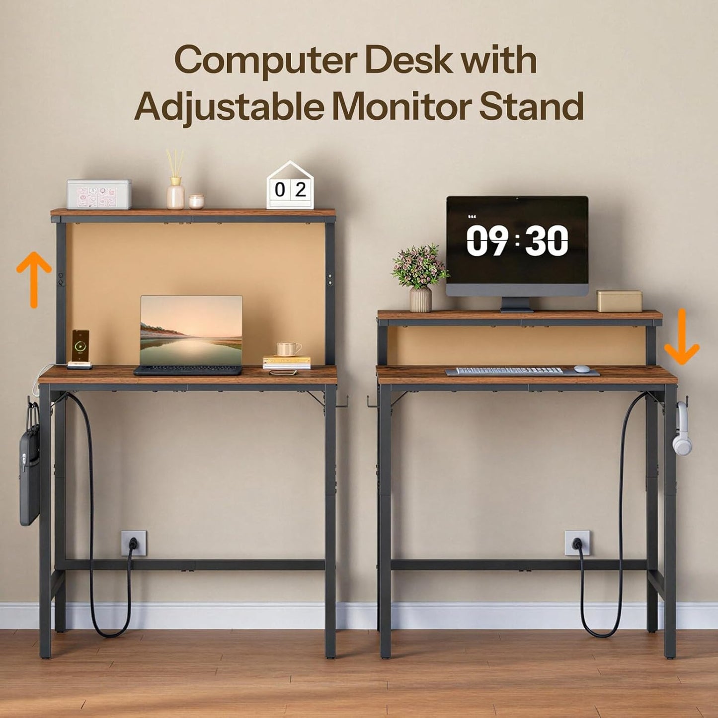 Small Computer Desk, 28.3" Desk for Small Spaces, Office Desk with Power Outlet & Adjustable Monitor Stand, Compact Desk with Storage, Writing Table for Bedroom, Office, Rustic Brown BF38UDN01
