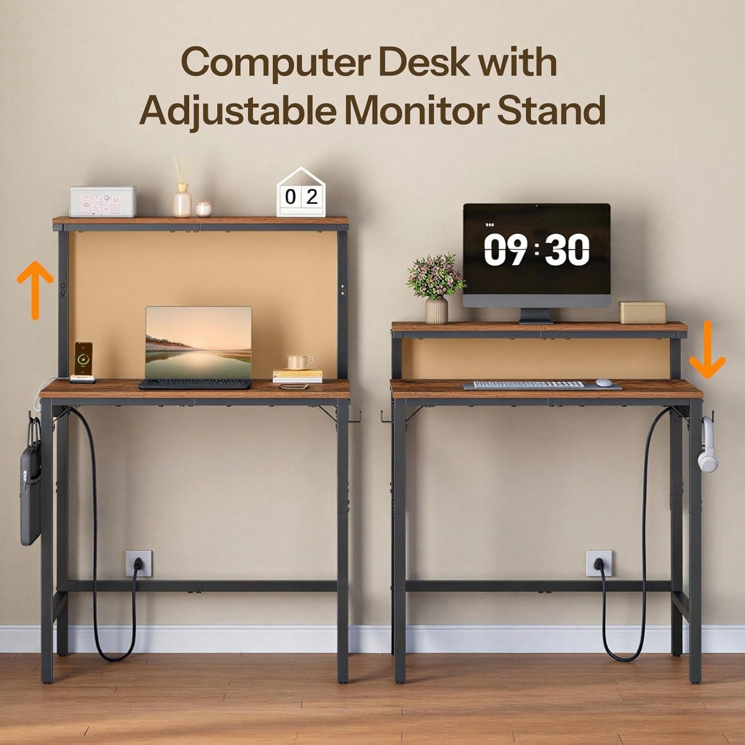Small Computer Desk, 28.3" Desk for Small Spaces, Office Desk with Power Outlet & Adjustable Monitor Stand, Compact Desk with Storage, Writing Table for Bedroom, Office, Rustic Brown BF38UDN01