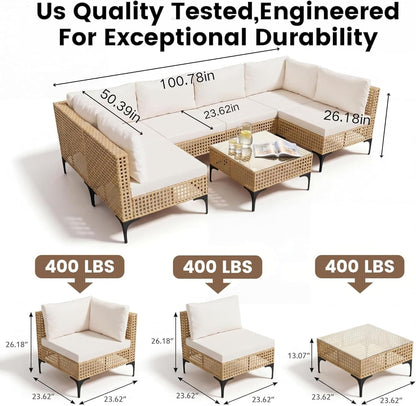 Patio Furniture Set,7 Pieces Outdoor Wicker Sectional Couch with Thick Cushions &Glass Tabletop, PE Rattan Backyard Conversation Sofa with Coffee Table for Deck, Porch