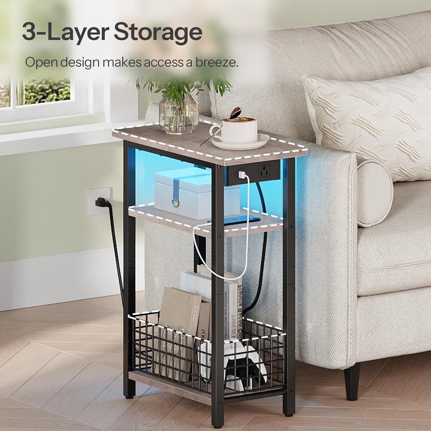 Narrow Side Table with Charging Station and LED Light, Small End Table with Storage, Skinny Nightstand with USB Port, Slim Bedside Table for Small Spaces, Living Room, Greige BG242UDBZ01