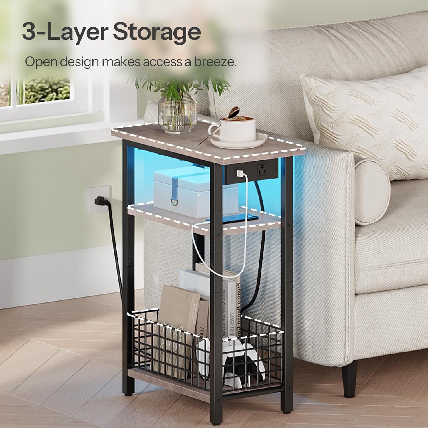 Narrow Side Table with Charging Station and LED Light, Small End Table with Storage, Skinny Nightstand with USB Port, Slim Bedside Table for Small Spaces, Living Room, Greige BG242UDBZ01