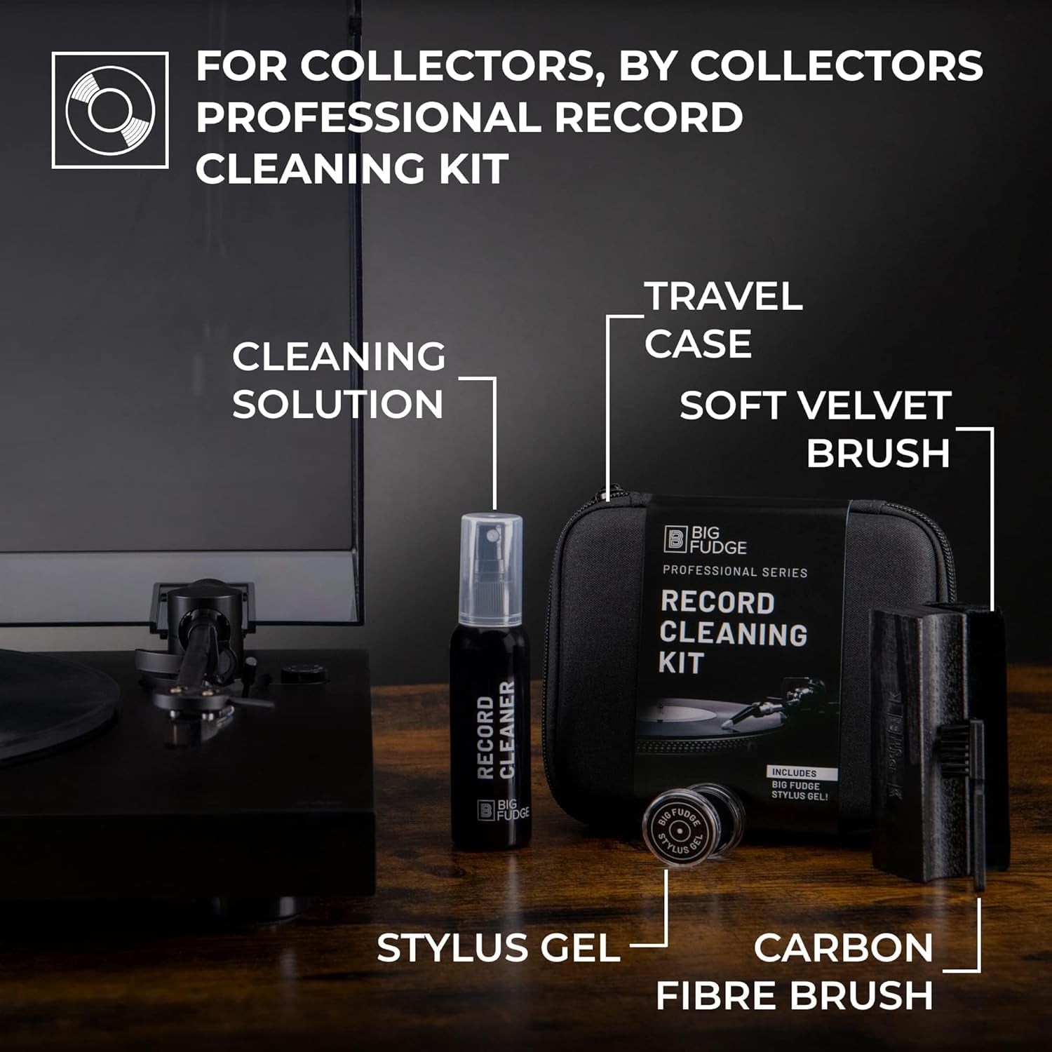 Professional Series Vinyl Record Cleaner Kit - Vinyl Record Cleaning Kit Includes Vinyl Record Brush Cleaning Fluid, Stylus Gel, Brush for Velvet, Padded Storage Case
