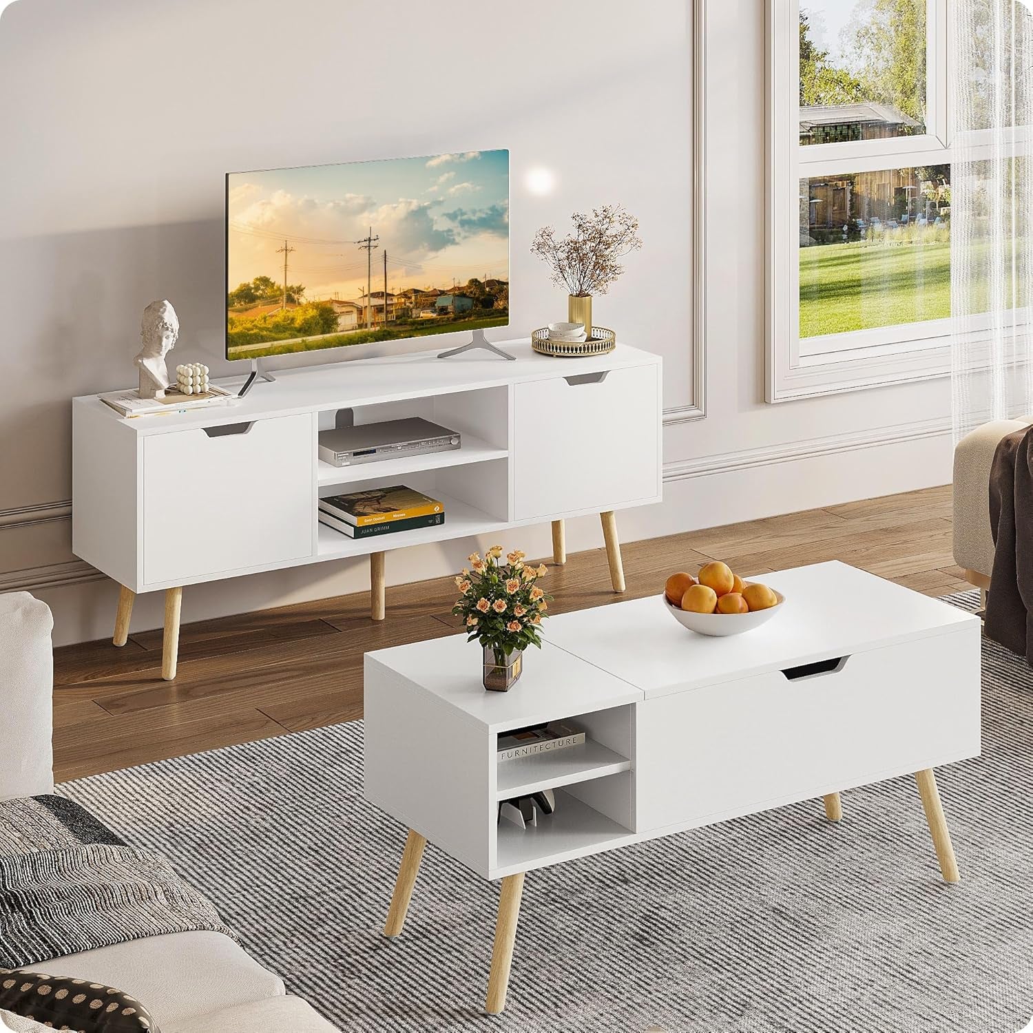 White TV Stand for 50 55 60 Inch Tvs - Media Console with 2 Cabinets & Open Shelves, Solid Wood Legs - TV Consoles for Living Room - 22" H Entertainment Center for Bedroom