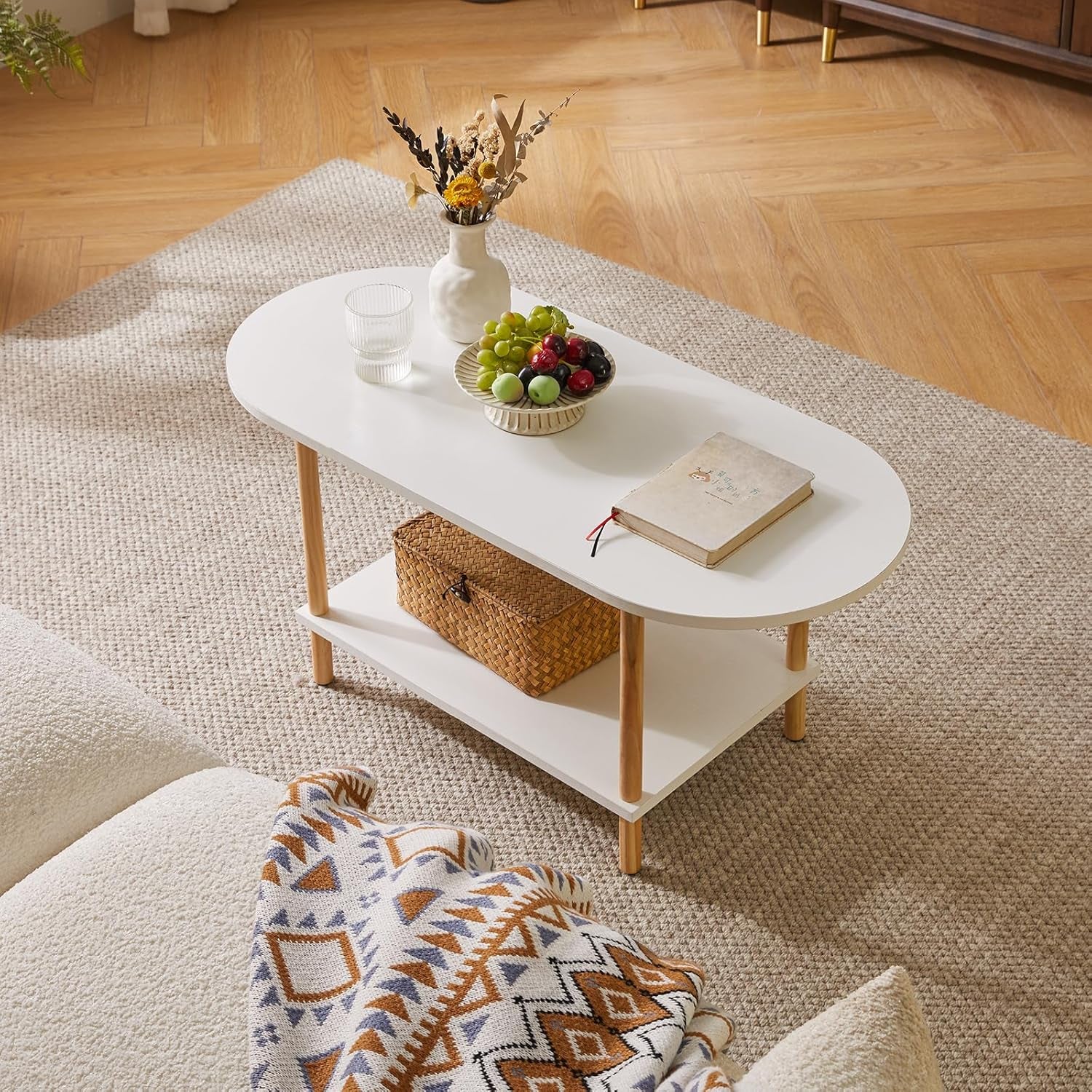 Oval Coffee Table White, Small Wooden Coffee Table for Small Space, Tea Table Stand 35 * 16 * 17 Inches, 2 Tier Center Table for Living Room White YD-012W