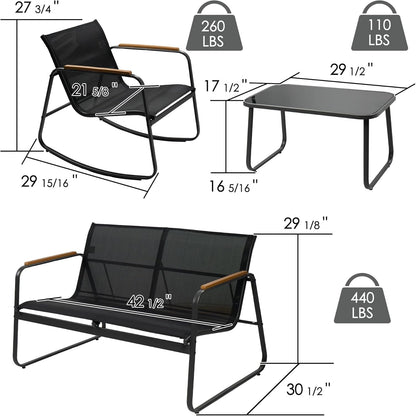 4-Piece Outdoor Patio Furniture Set with Textilene Chairs, Metal Conversation Set, Tempered Glass Coffee Table, Powder-Coated Steel Frame for Garden, Poolside, Backyard Black