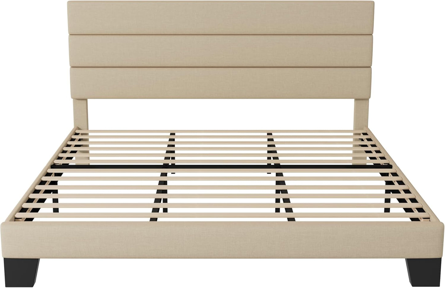 King Size Platform Bed Frame with Fabric Upholstered Headboard and Wooden Slats Support, Fully Upholstered Mattress Foundation/No Box Spring Needed/Easy Assembly, Beige