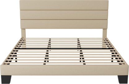 King Size Platform Bed Frame with Fabric Upholstered Headboard and Wooden Slats Support, Fully Upholstered Mattress Foundation/No Box Spring Needed/Easy Assembly, Beige