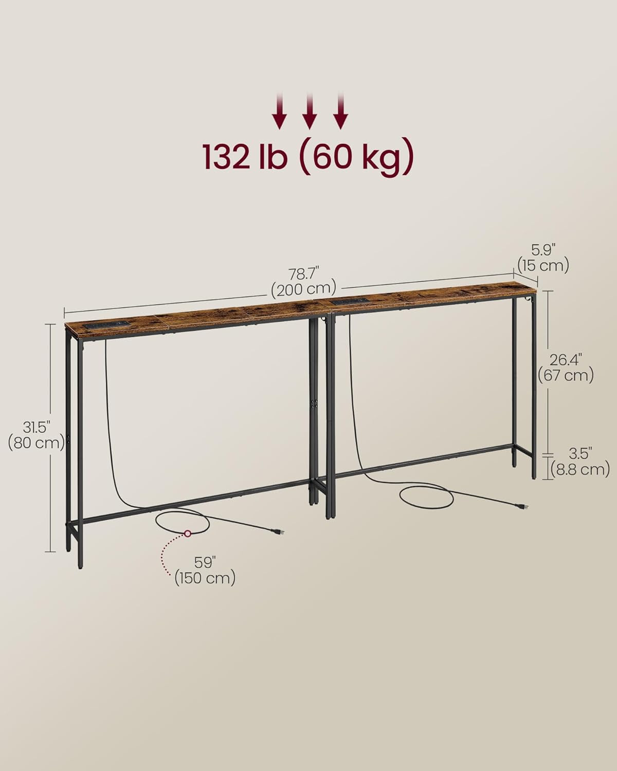 Set of 2 Console Tables with Power Outlets, Slim behind Couch Sofa Tables, 5.9 X 39.4 X 31.5 Inches, 2 Hooks, Easy Assembly, for Entryway, Living Room, Rustic Brown and Ink Black ULNT078K01