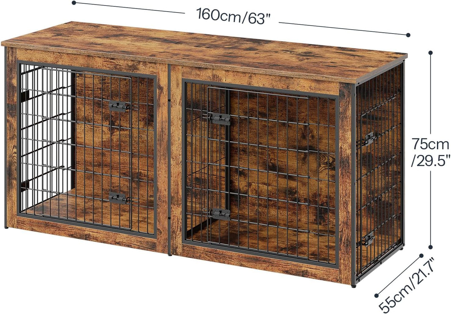 Dog Crate Furniture for 2 Dogs, 63" Large Double Dog Crate Furniture with Divider, Wooden Indoor Kennel TV Stand for Medium Large Dogs, Rustic Brown BF55GW03