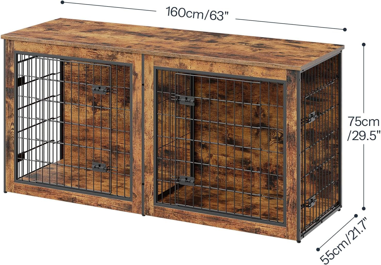 Dog Crate Furniture for 2 Dogs, 63" Large Double Dog Crate Furniture with Divider, Wooden Indoor Kennel TV Stand for Medium Large Dogs, Rustic Brown BF55GW03