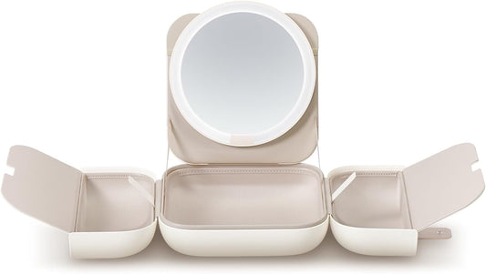 M2 Travel Makeup Bag with 5 Level Brightness & 3 Color LED Mirror, Portable Makeup Artist Organizer, White