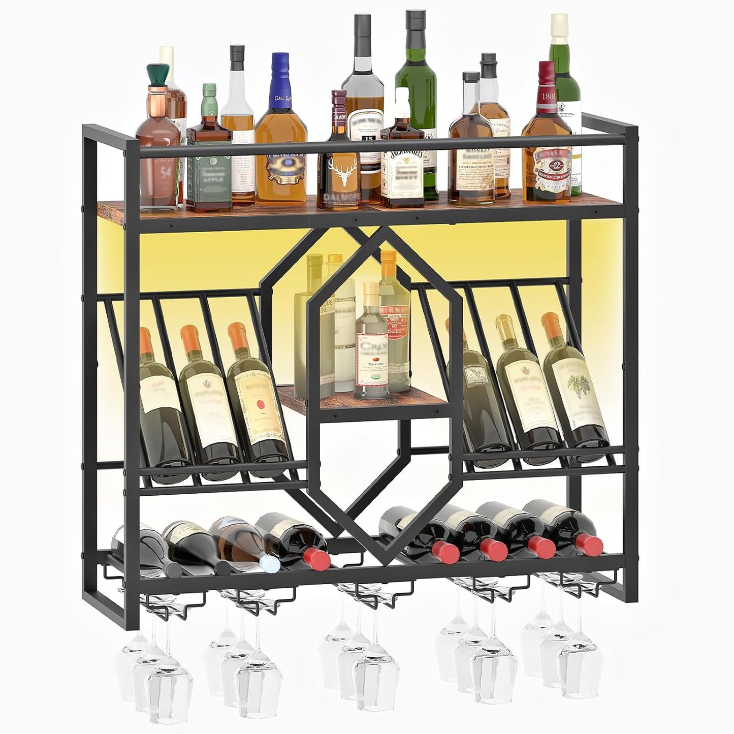 Wall Mounted Wine Rack with LED Light, 31.5" Wine Shelf, 3 Tier Wine Bottle Display Shelf with Glass Holder, Hanging Bar Liquor Storage Rack, for Kitchen, Bar, Rustic Brown and Black BF73DBJ01