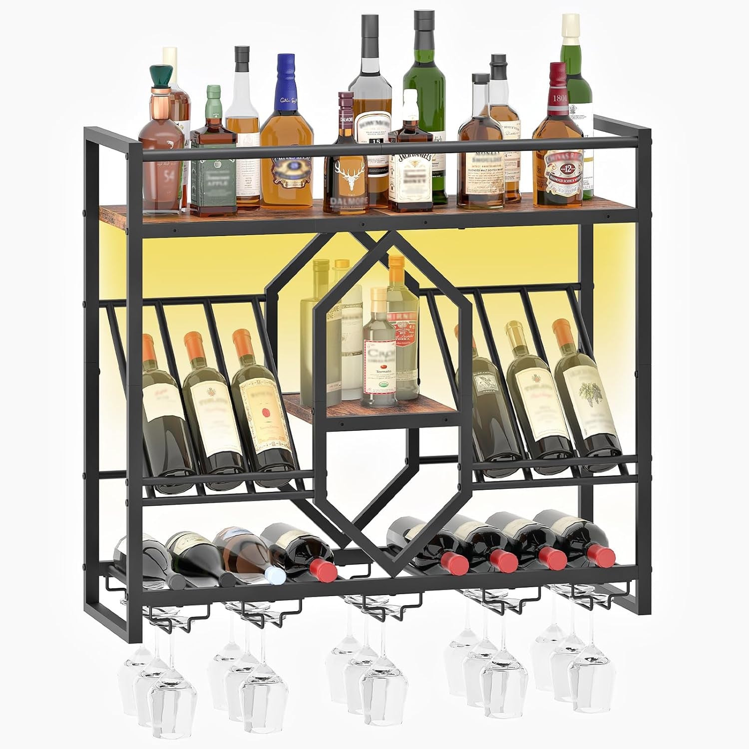 Wall Mounted Wine Rack with LED Light, 31.5" Wine Shelf, 3 Tier Wine Bottle Display Shelf with Glass Holder, Hanging Bar Liquor Storage Rack, for Kitchen, Bar, Rustic Brown and Black BF73DBJ01