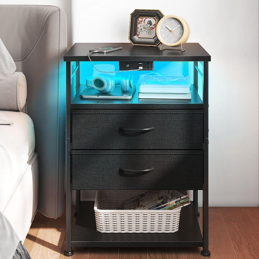 Night Stand with Charging Station, End Table for Bedroom Tall Nightstand with Drawers, Small Nightstand for Bedroom, 4 Tier Storage Bedside Table, Black