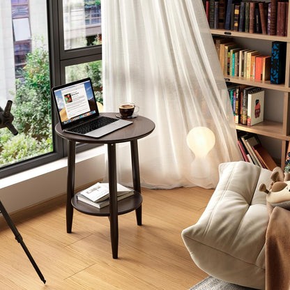 Round End Table,Solid Wood Small round Table with Lower Shelf,Round Side Table,Nightstand for Small Spaces,Living Room,Bedroom(Walnut)