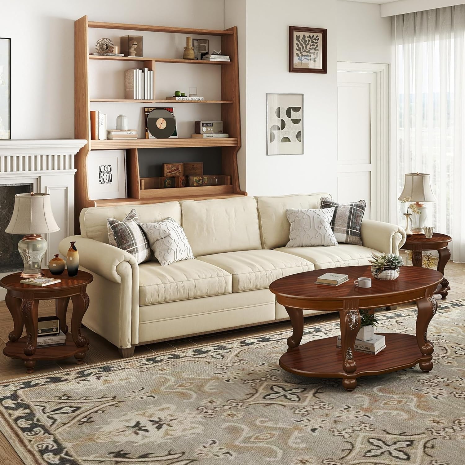 Wood Coffee Table Set with Storage Shelf Oval Coffee Tables and round Side Table for Living Room Farmhouse, Antique Elegant Carved Legs, Easy Assembly, Cherry