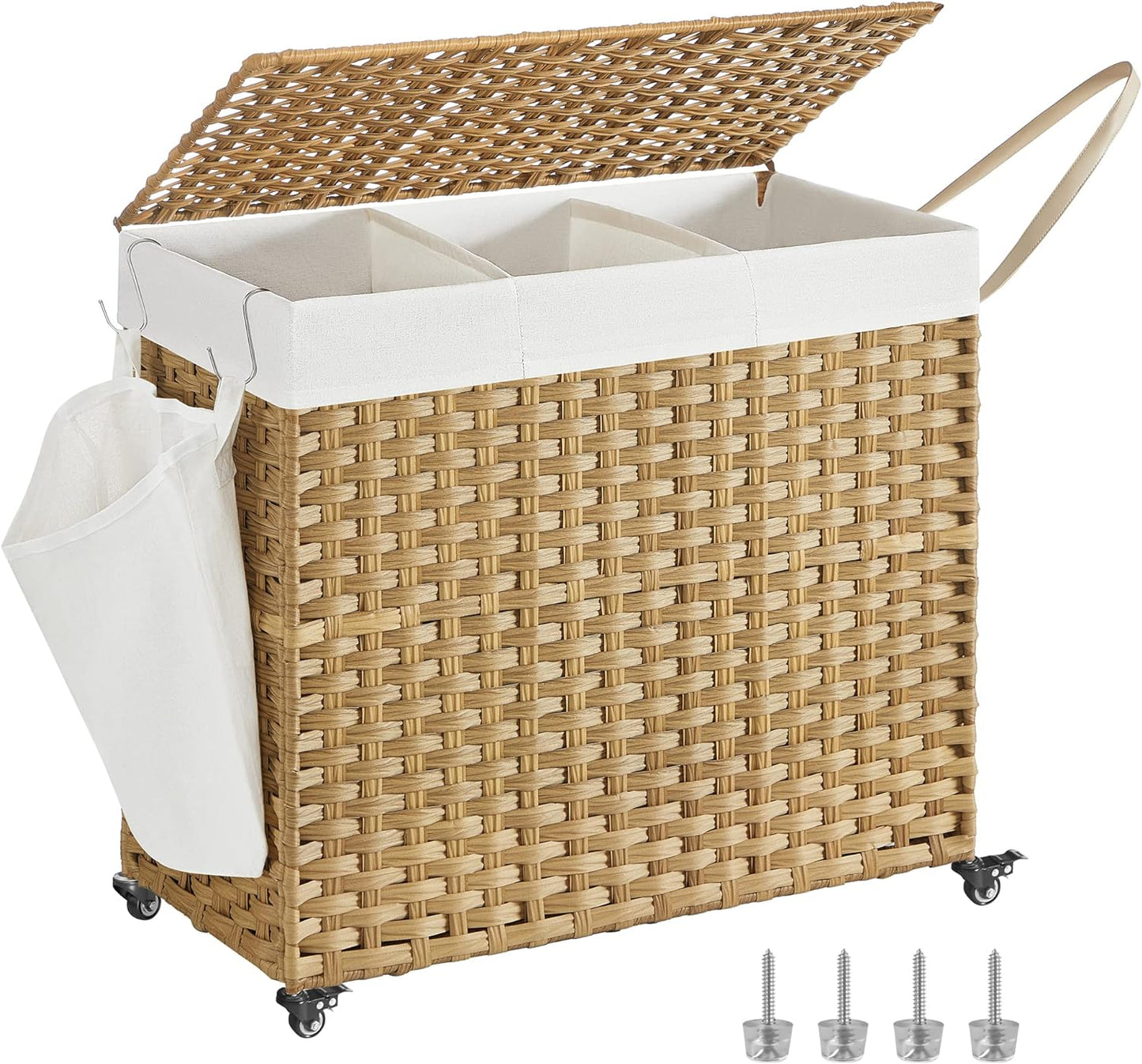 Laundry Hamper with Lid, 42.3 Gallons (160 L), Rolling Laundry Basket with Wheels, 3-Section Synthetic Rattan, Removable Liner, Bedroom, 27.6 X 14.2 X 26 Inches, Natural ULCB365N01