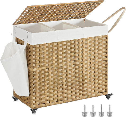 Laundry Hamper with Lid, 42.3 Gallons (160 L), Rolling Laundry Basket with Wheels, 3-Section Synthetic Rattan, Removable Liner, Bedroom, 27.6 X 14.2 X 26 Inches, Natural ULCB365N01