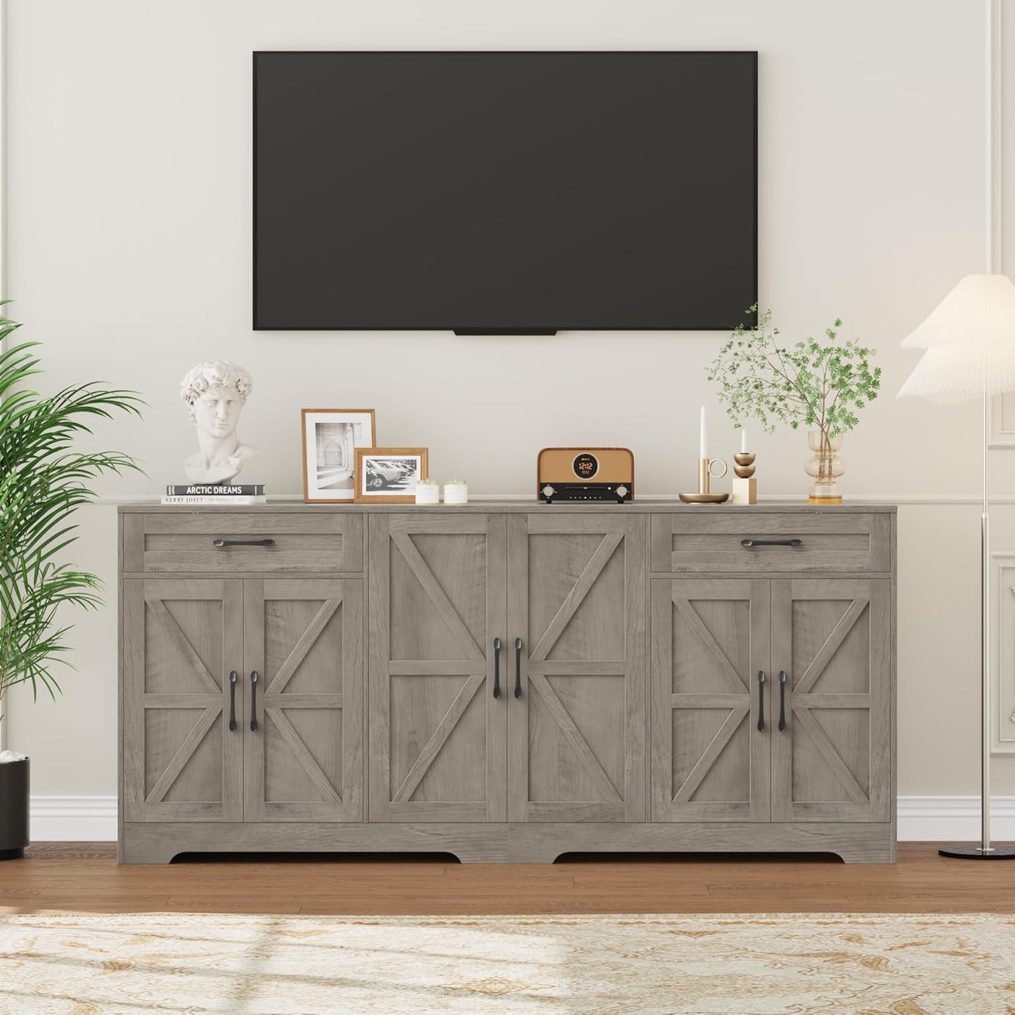 71” Large Sideboard Buffet Cabinet with Storage, Farmhouse Kitchen Buffet Cabinet with Adjustable Shelves and 6 Barn Doors, Wood Coffee Wine Bar Console Table, White, Ash Grey (Ash Grey)